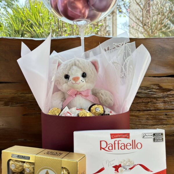 Kit Balão com Pelúcia e cheio de Ferrero e Rafaello com embalagens e caixa