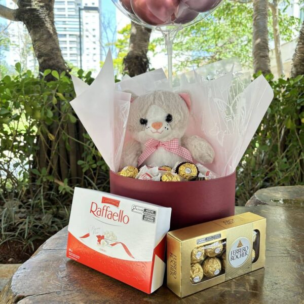 Kit Balão com Pelúcia e cheio de Ferrero e Rafaello com embalagens