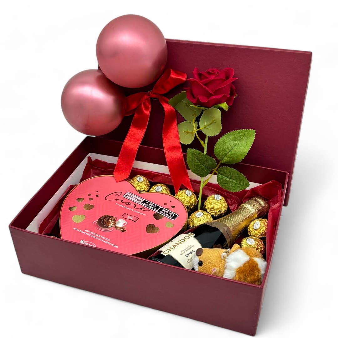 Kit de presente de caixa vermelha vinho com trufas, ferrero rocher, bombom, espumante chandon chaveiro, flor, balão e laço